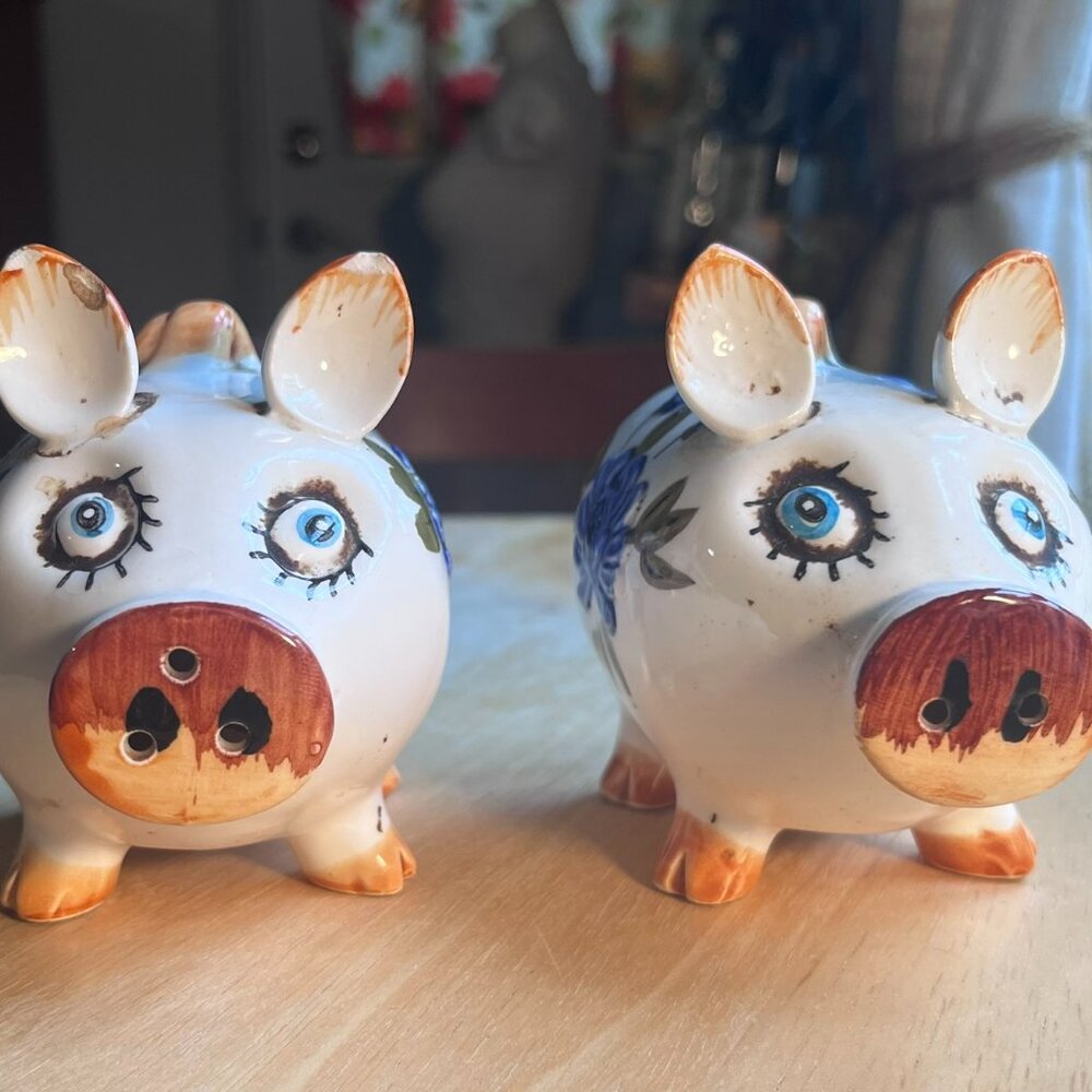 Vintage Ceramic Pig Salt and Pepper Shakers Blue Floral Hand-Painted Retro